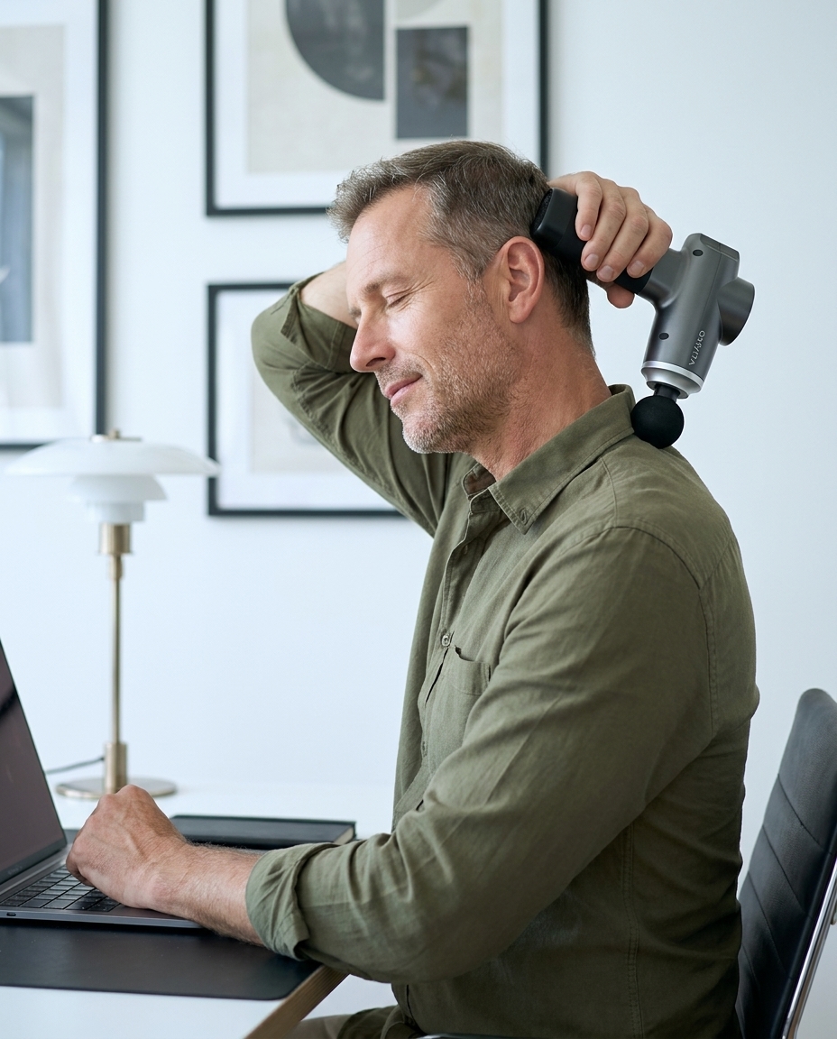 A man in a green shirt sits at a desk using a massage gun on his neck.