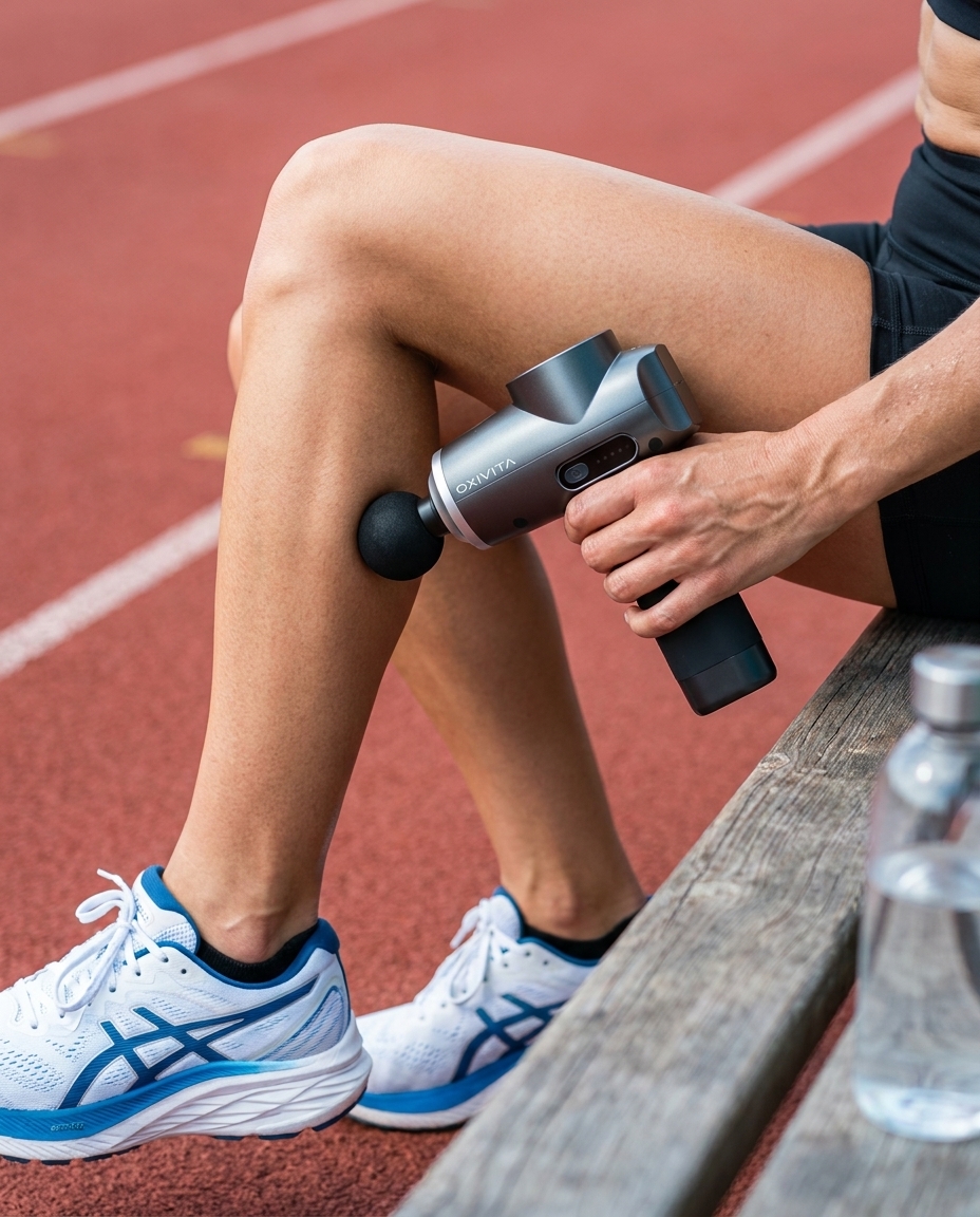 A person in athletic wear sits on a bench using a percussive massage gun on their calf.