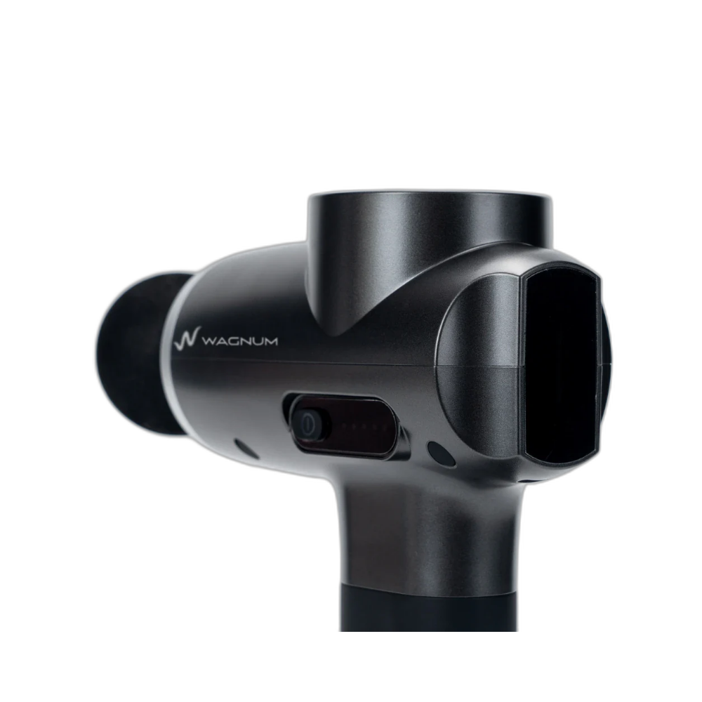A close-up shot of a black WAGNUM massage gun against a white background.