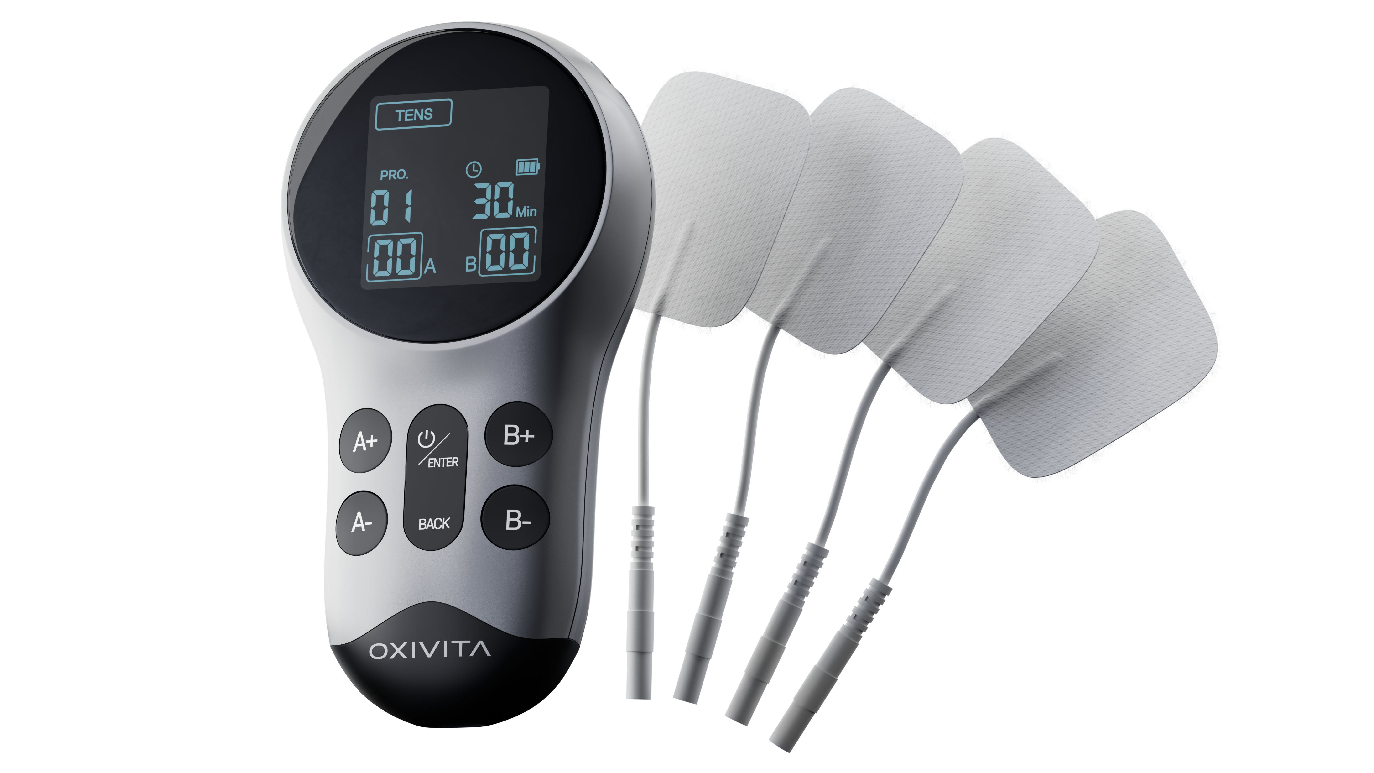 An Oxivita brand TENS unit with a digital screen and four attached electrode pads.