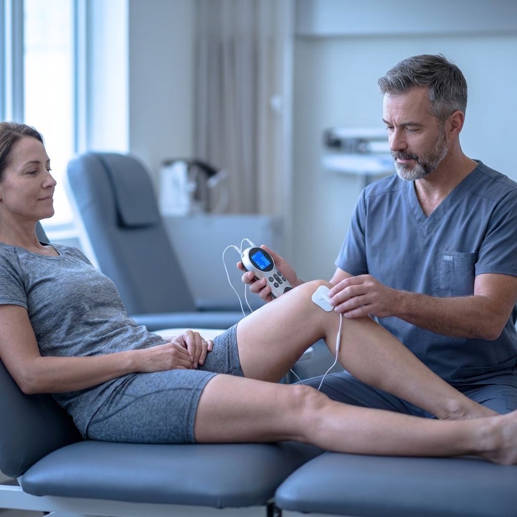 A therapist places an electrode pad from an electrical stimulation device on a woman's knee.