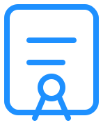 A blue line-art icon of a certificate with a seal at the bottom.