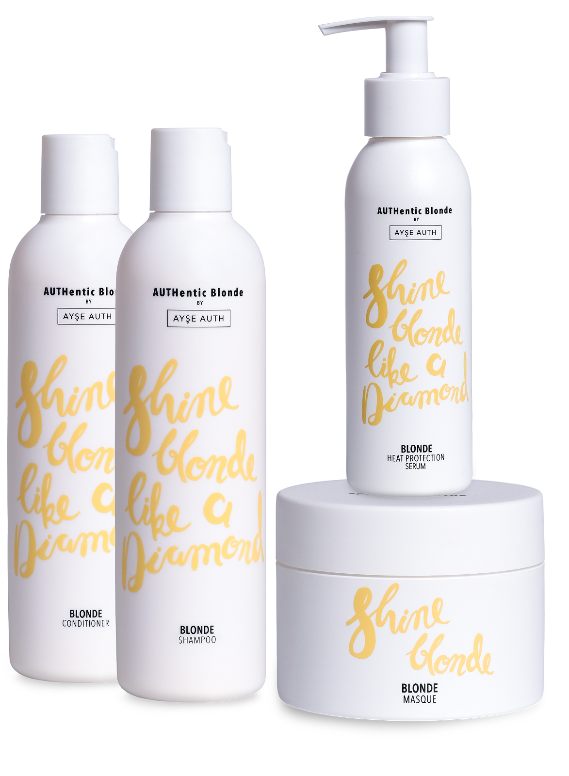 Four hair care products labeled for blonde hair with gold text.