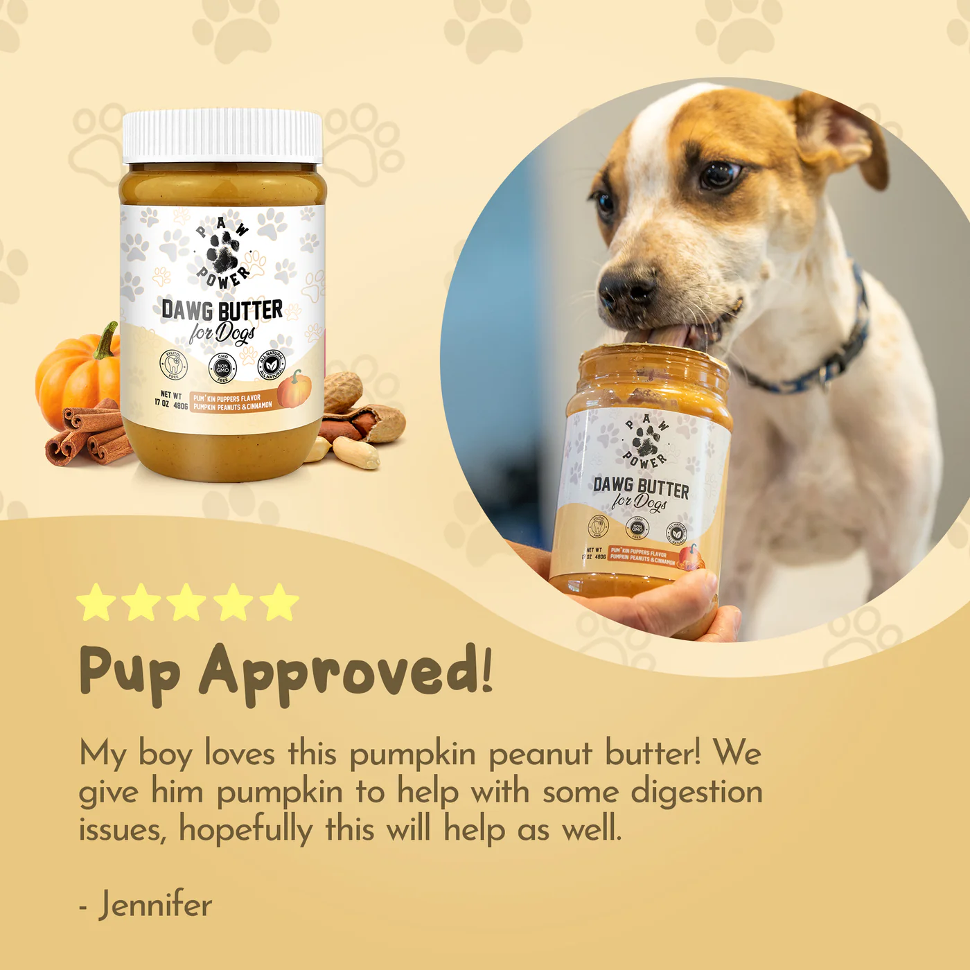 Dog licking jar of pumpkin peanut butter with text review and product image.