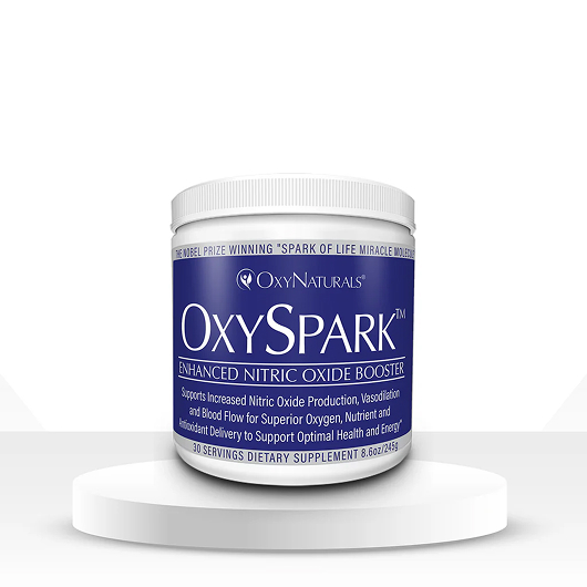 OxySpark dietary supplement container on a white platform.