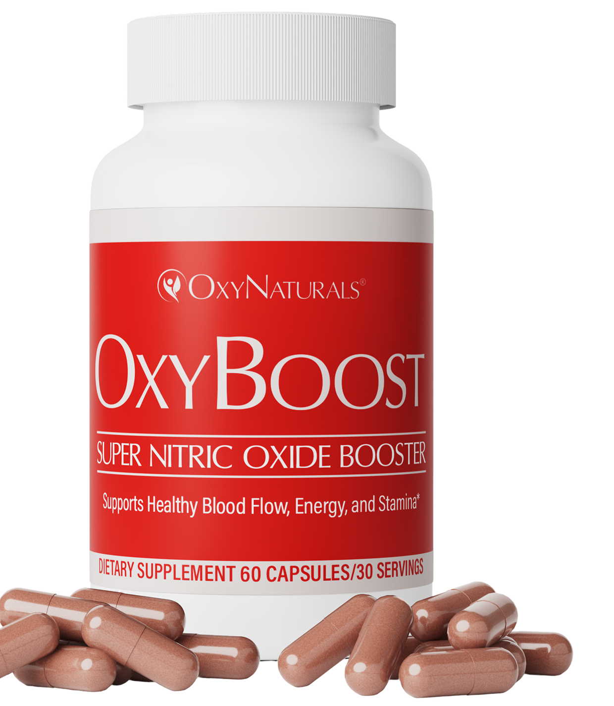 Bottle of OxyBoost supplement with capsules scattered around.