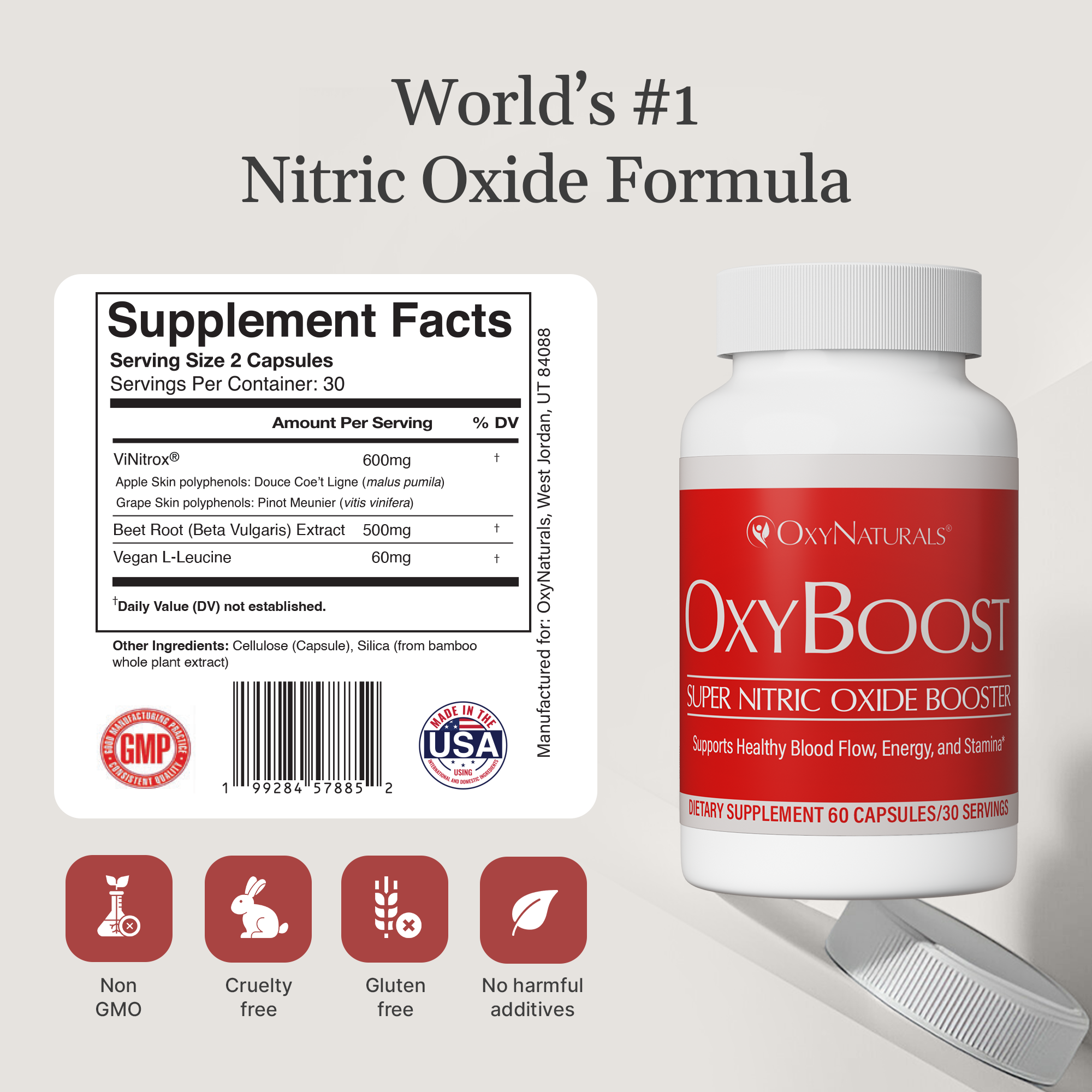 A bottle of OxyNaturals OxyBoost Super Nitric Oxide Booster next to its supplement facts label.