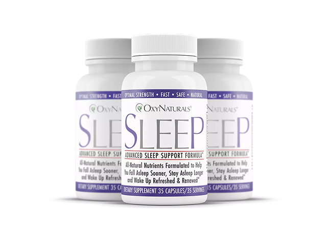 Three bottles of OxyNaturals Sleep supplement with white labels.