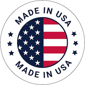 Circular label with 'Made in USA' and split flag design.
