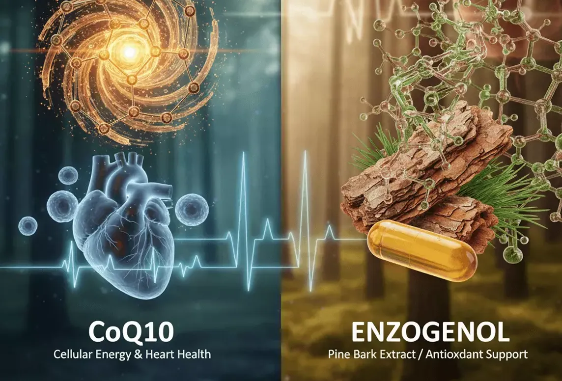 Split image: heart and CoQ10 on left, bark and Enzogenol capsule on right.