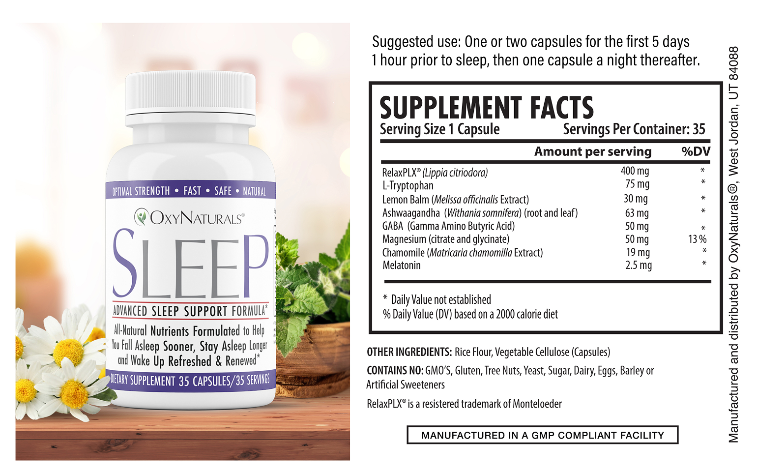 OxyNaturals Sleep supplement bottle with ingredients and supplement facts listed.
