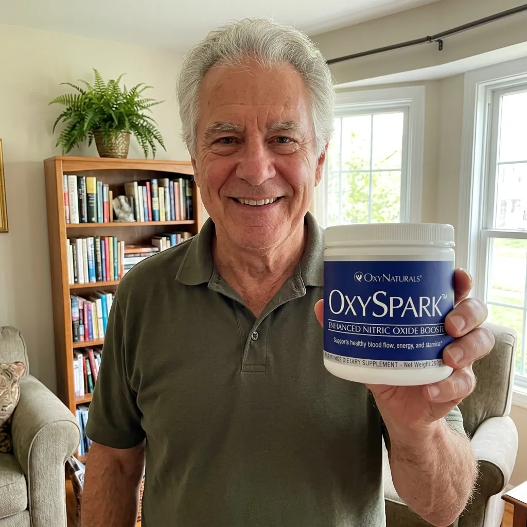 A smiling older man holds up a white container of OxySpark dietary supplement in his living room.
