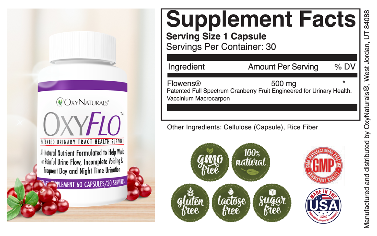 OxyFLO supplement bottle with cranberries, supplement facts, and quality certifications.