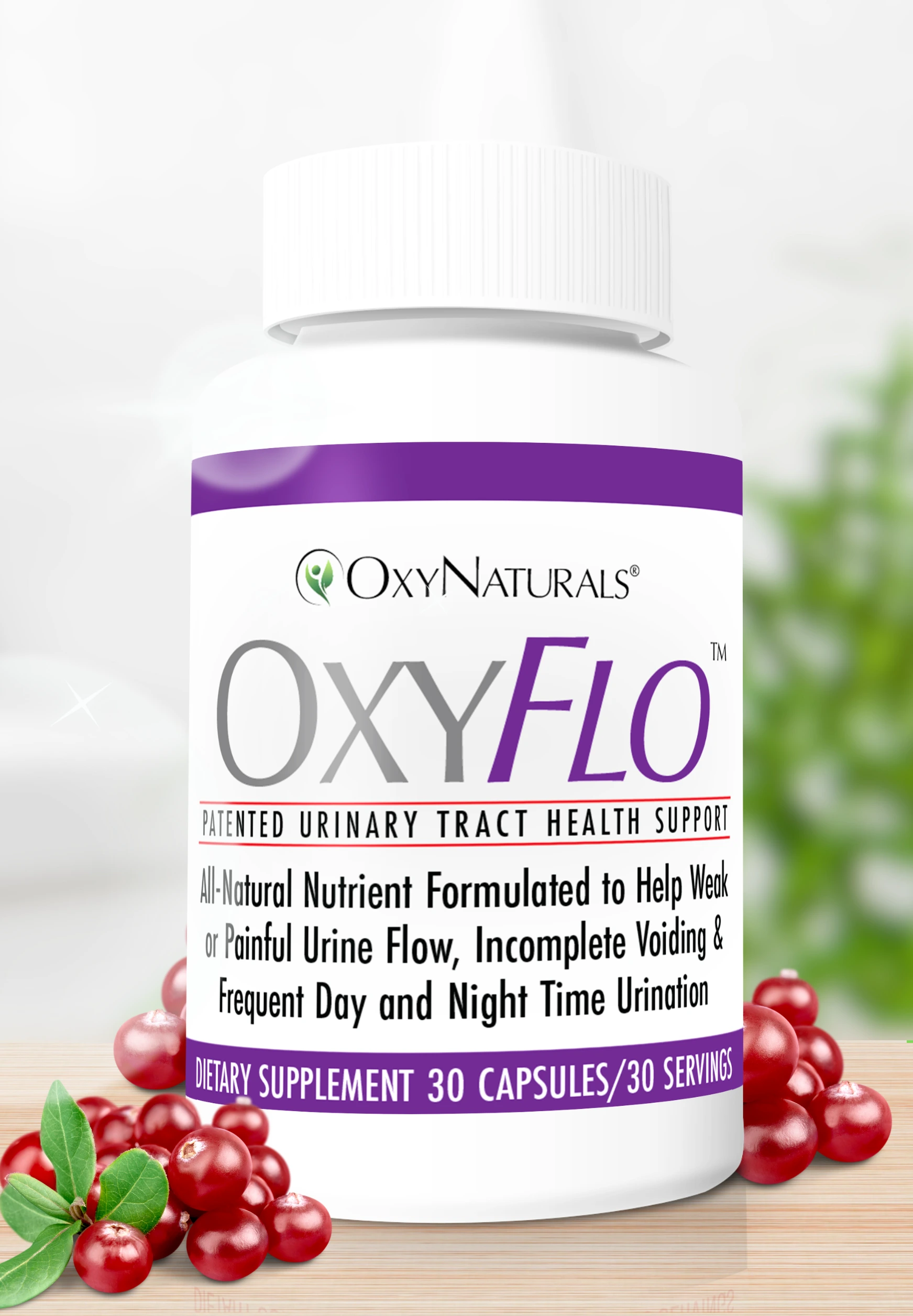 Supplement bottle labeled OxyFlo with cranberries around it.