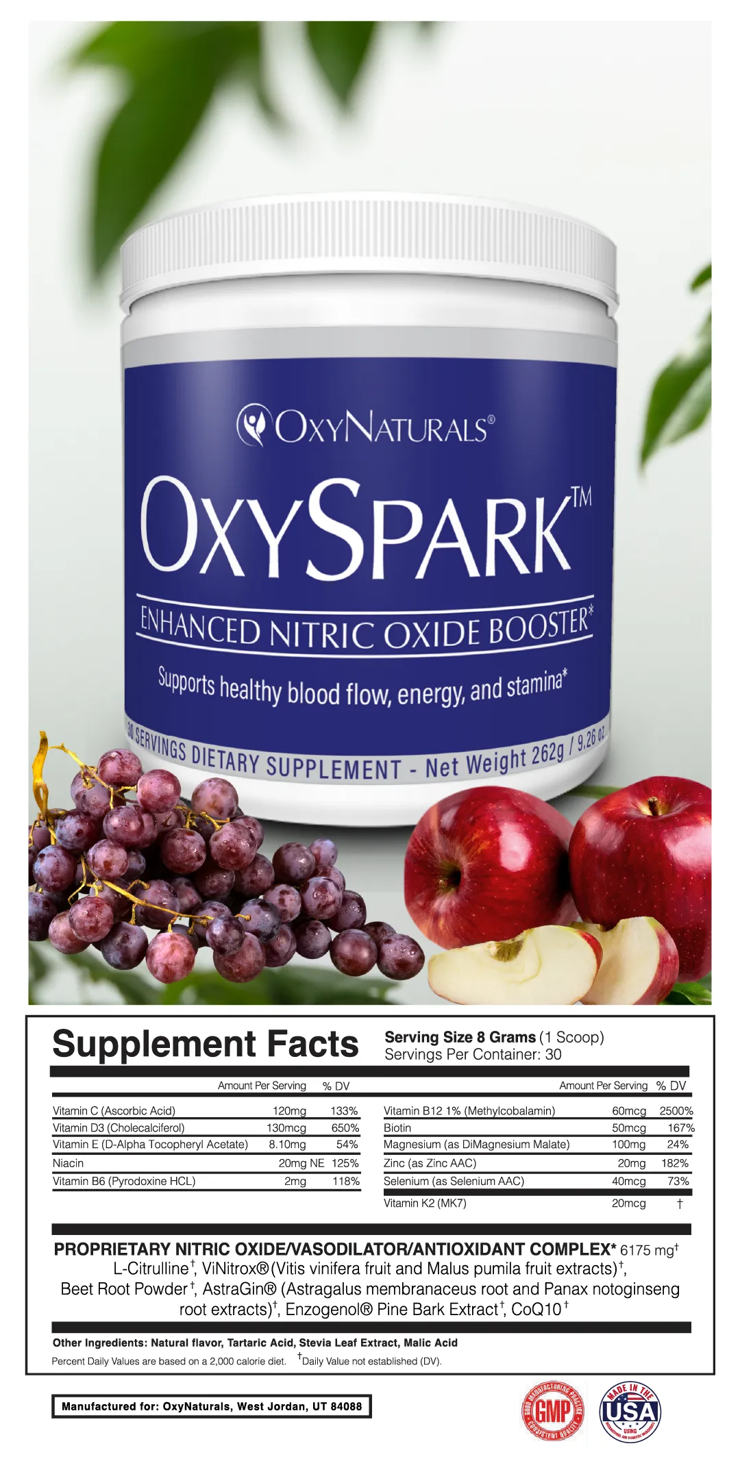 A container of OxySpark dietary supplement with grapes and apples, displaying its full supplement facts label.