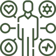 Outline of a person surrounded by health-related icons: heart, gear, droplet, and heartbeat.