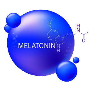 Blue sphere with 'Melatonin' text and chemical structure.