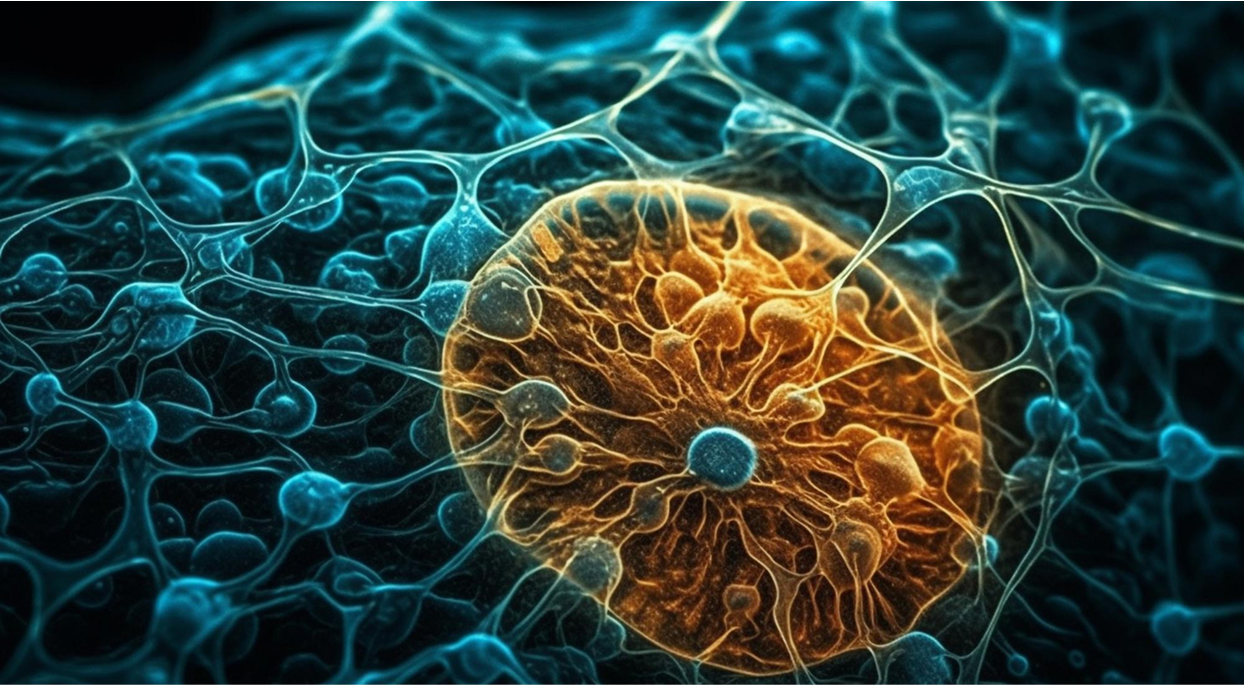 Abstract image of interconnected blue and orange neural-like structures.