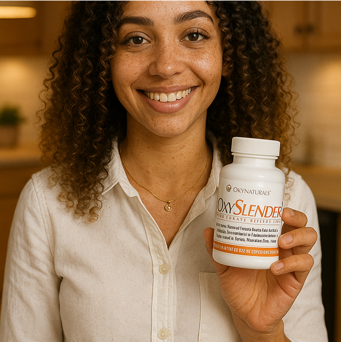 Person smiling and holding a bottle labeled 'OxySlender' in a kitchen setting.