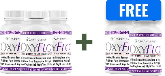 Three OxyFlo bottles and two free OxyFlo bottles with plus sign between.