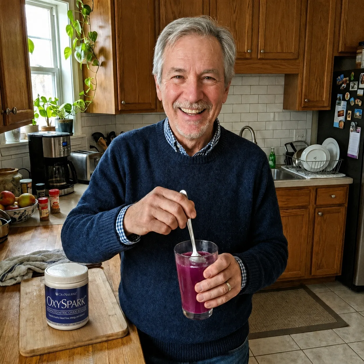 A smiling man in a kitchen stirs a glass of purple liquid with a container of OxySpark nearby.