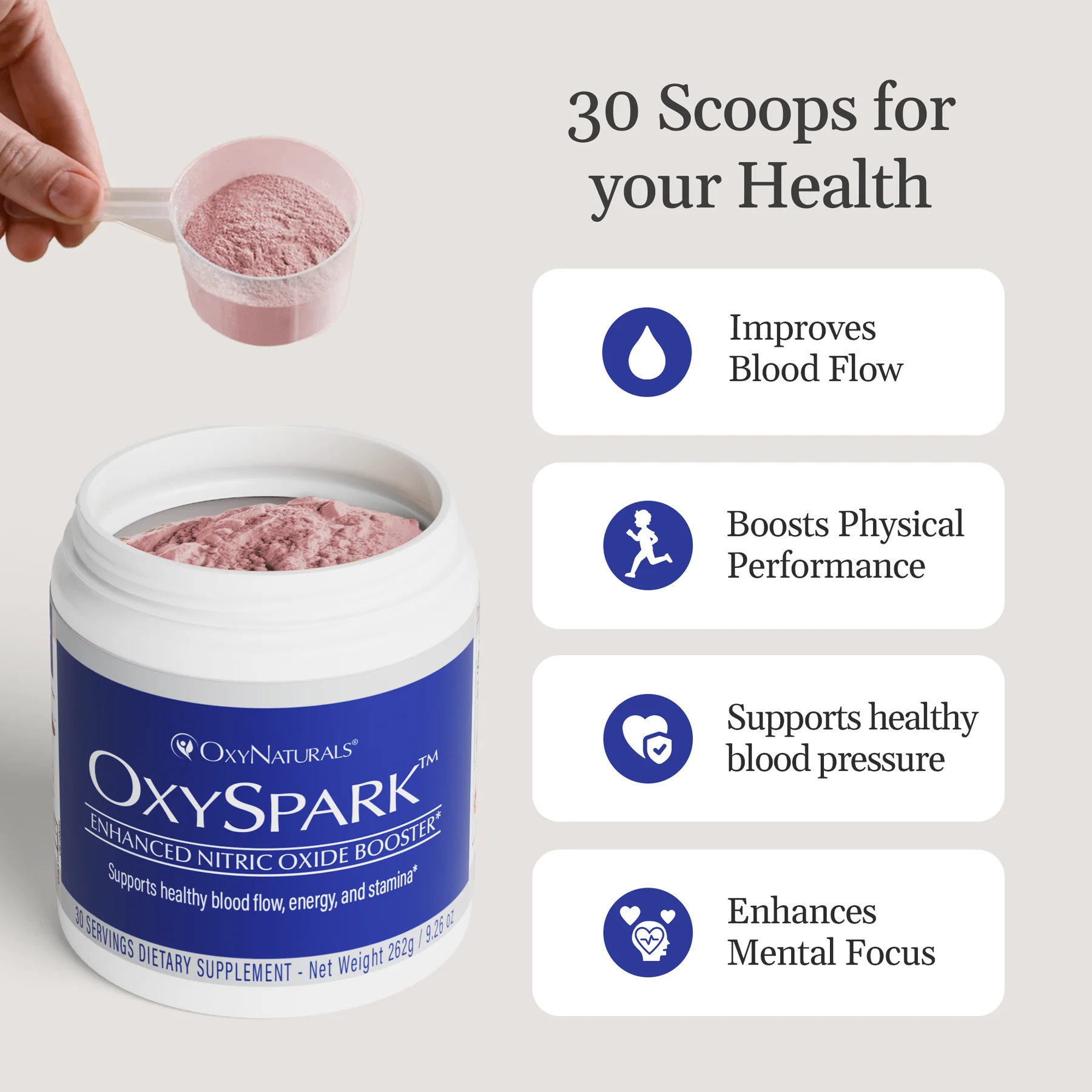 A jar of OxySpark supplement with a scoop of pink powder and a list of its health benefits.
