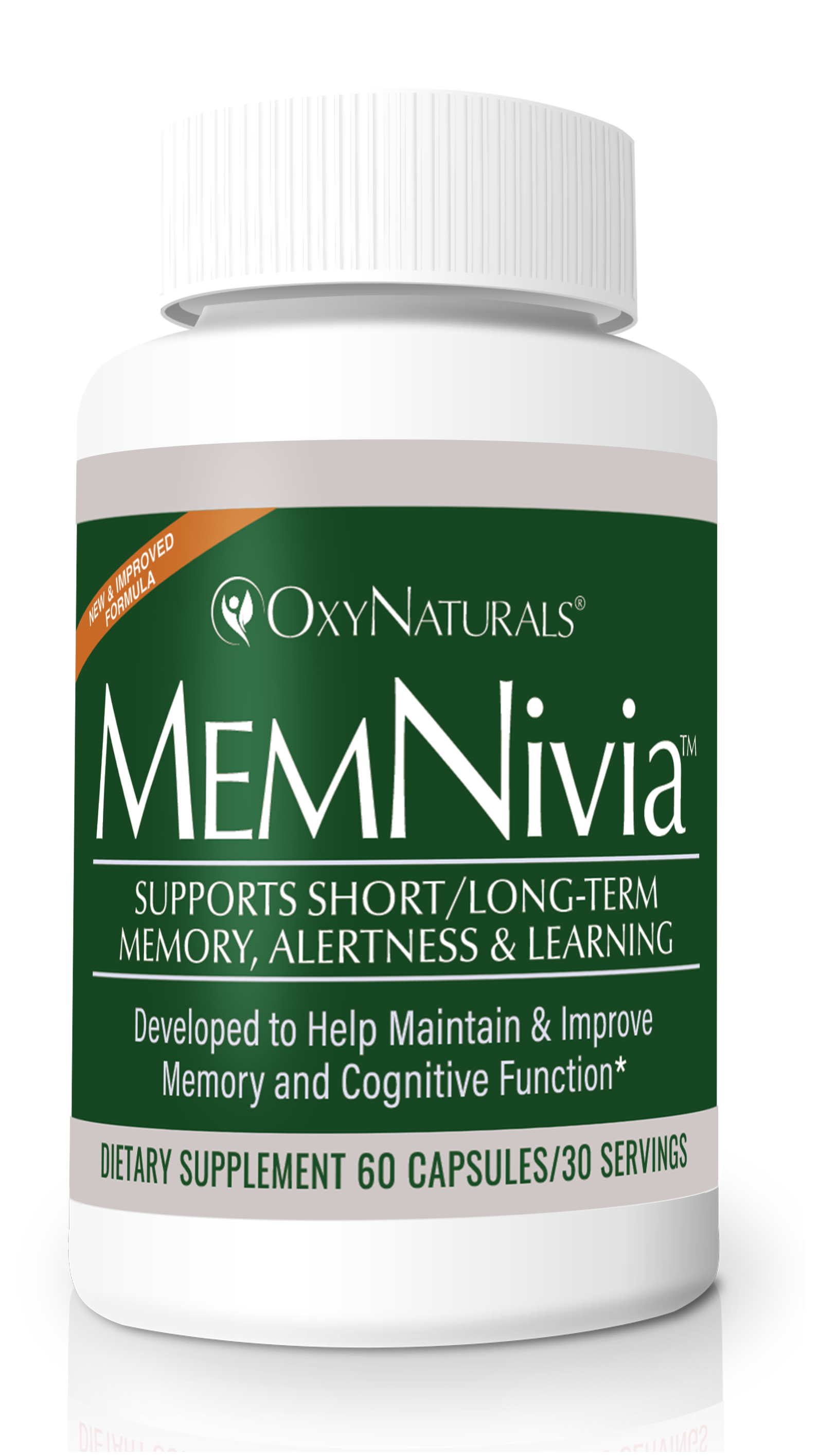 Bottle of MemNivia dietary supplement with green label and white cap.