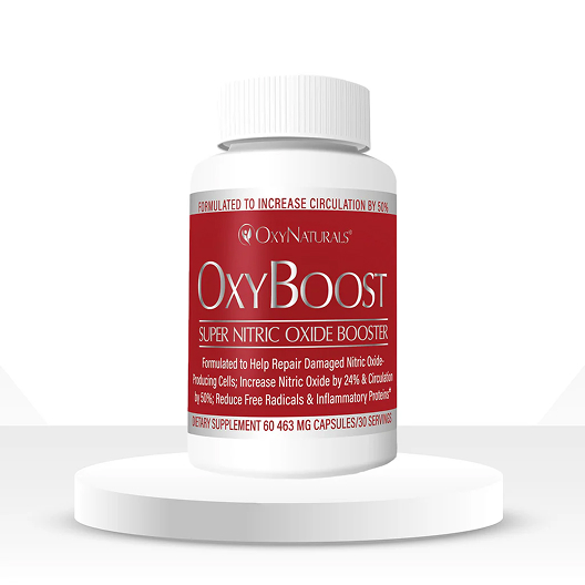 White bottle labeled 'OxyBoost Super Nitric Oxide Booster' on a white platform.