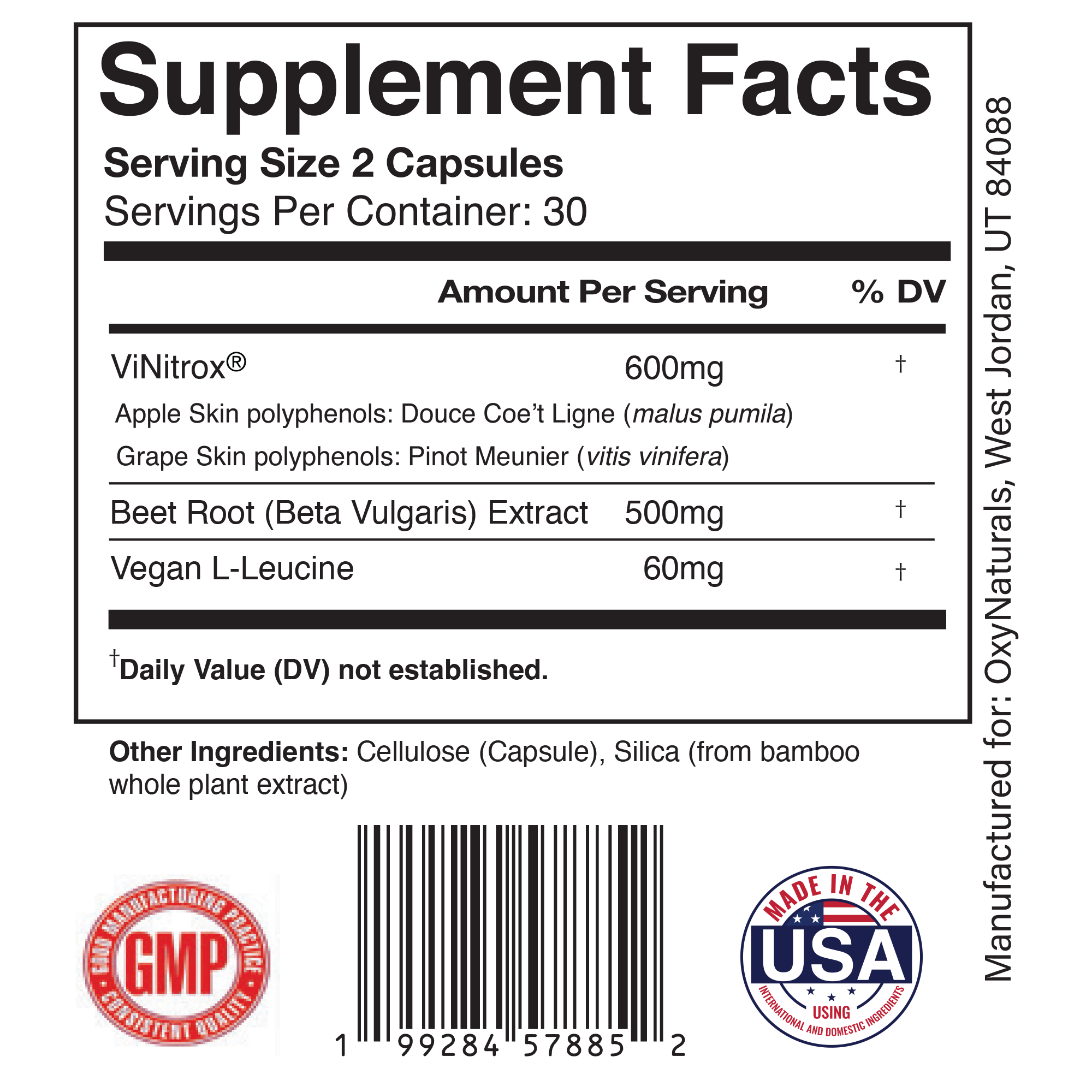 A supplement facts label showing ingredients, serving size, amount per serving, and other manufacturing information.