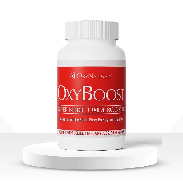 White bottle labeled 'OxyBoost' nitric oxide booster on a round platform.