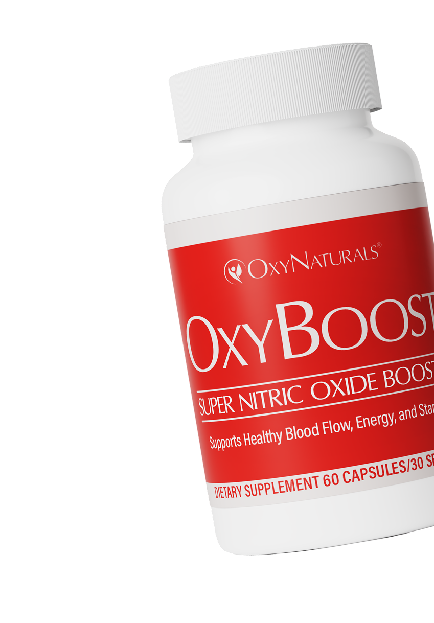 White bottle labeled 'OxyBoost' dietary supplement with red and white design.