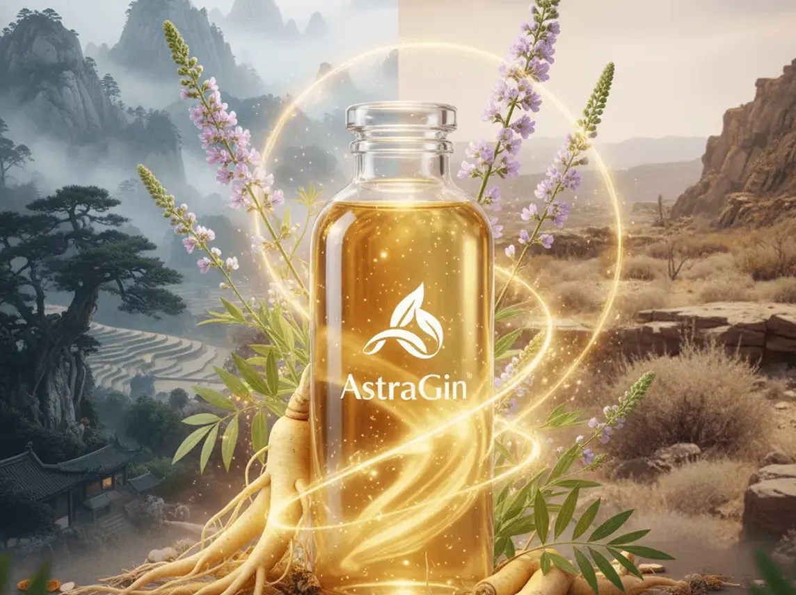 A bottle labeled 'AstraGin' with plants, glowing light, and scenic mountainous and desert background.