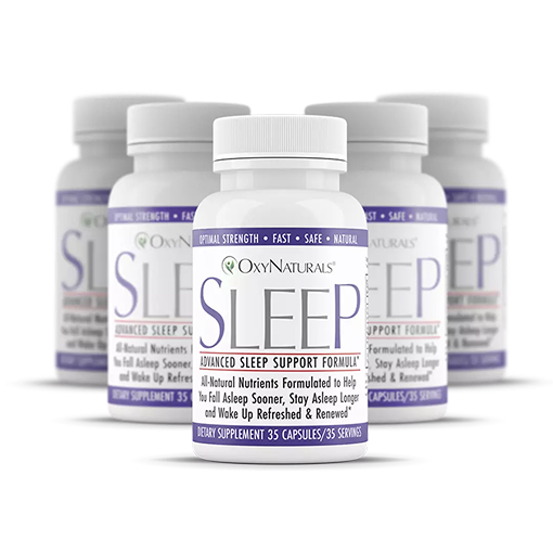 Five bottles of sleep support supplements labeled 'OxyNaturals Sleep' with purple and white design.