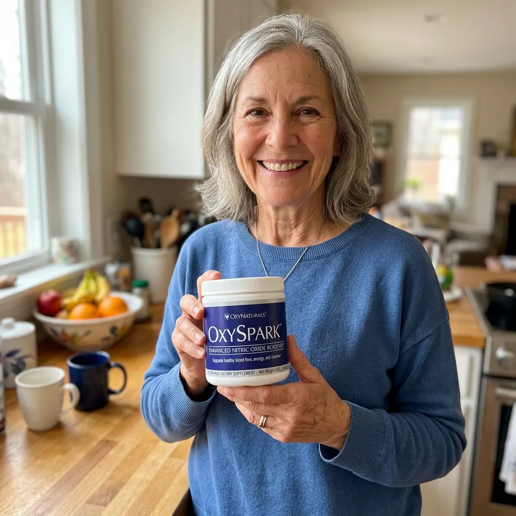 A smiling woman with gray hair holds a white jar of OxySpark supplement in a kitchen.