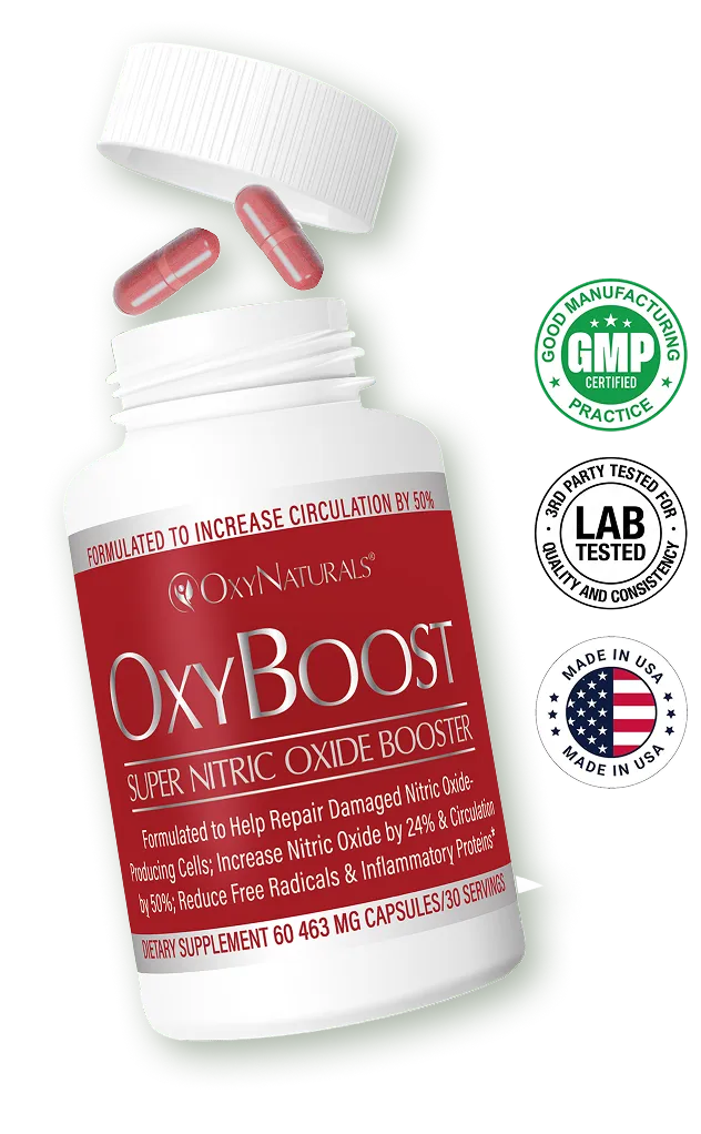 Red supplement bottle labeled 'OxyBoost' with capsules and certification seals.