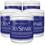 Five jars of OxySpark supplement with blue labels.