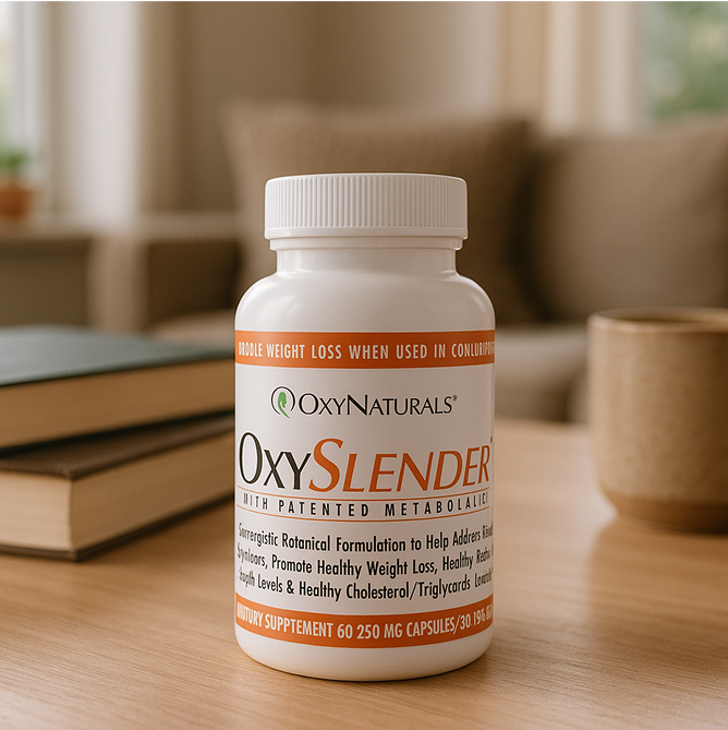A bottle of OxySlender supplement on a table with books and a mug.