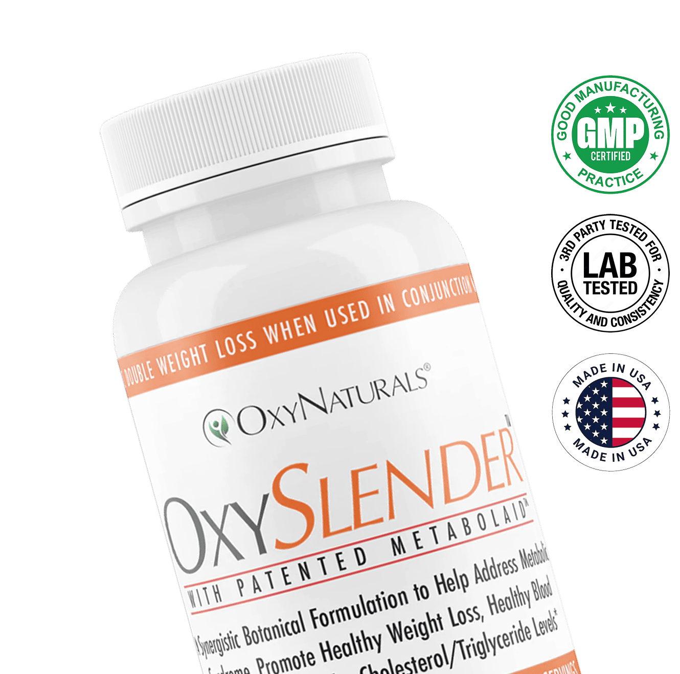 White supplement bottle labeled 'OxySlender' with certification badges on a green background.