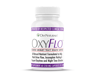A bottle of OxyFLO dietary supplement with a white and purple label.