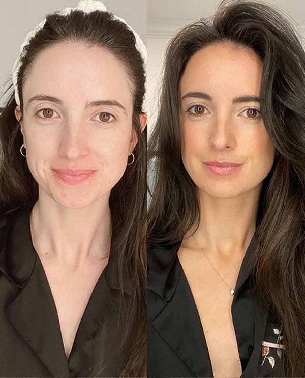 Side-by-side comparison of a woman before and after makeup application.