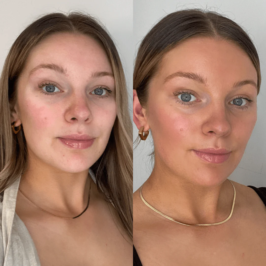 Side-by-side comparison of a woman's face before and after makeup.