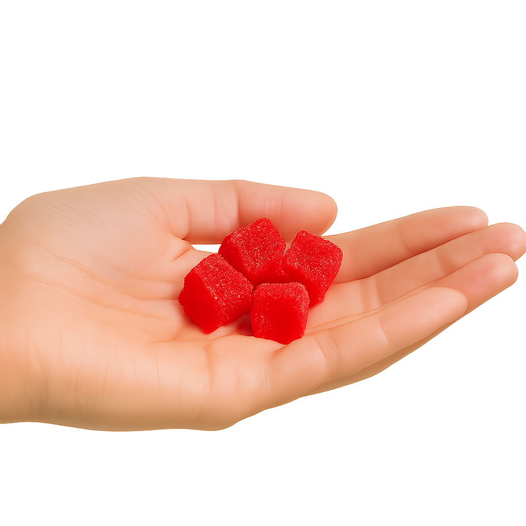 Hand holding four red sugar cubes against a blurred background.