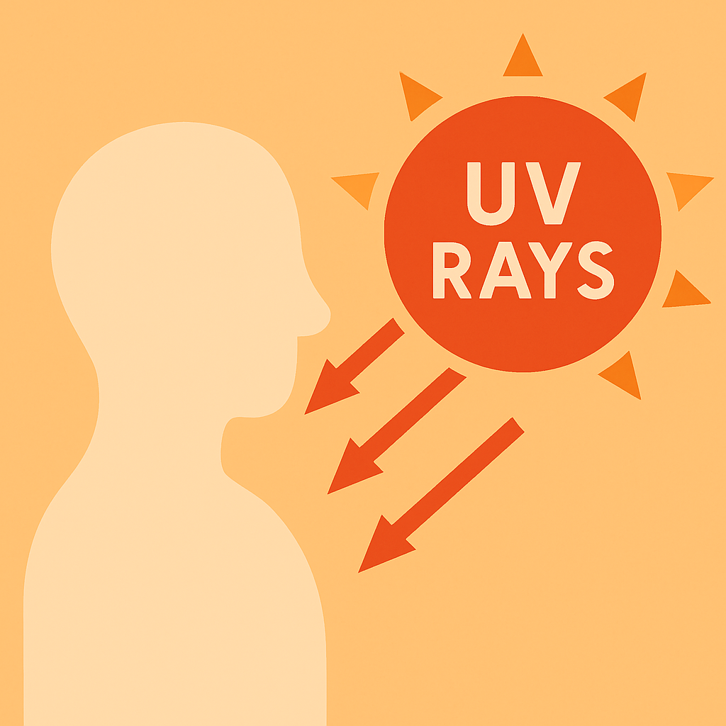 Illustration of UV rays directed at a human silhouette.