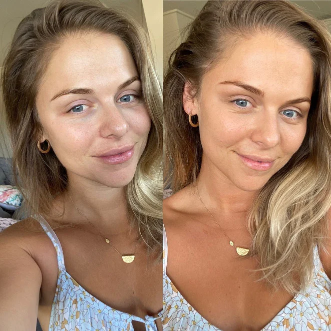 Two side-by-side images of a woman with light makeup and natural expression.