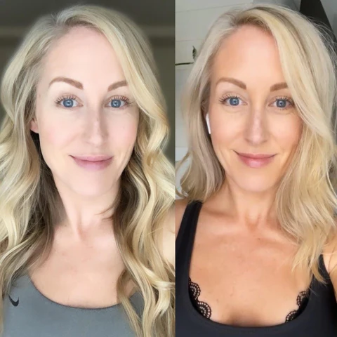 Two side-by-side images of a woman with long blonde hair, wearing a tank top.