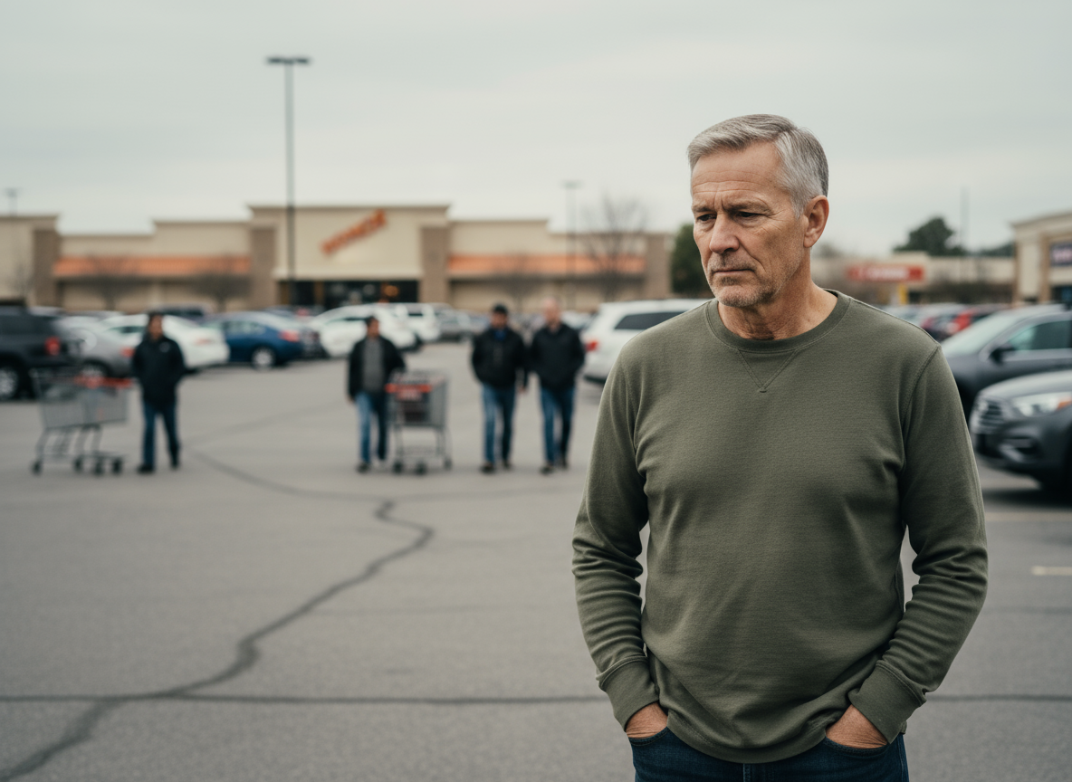 A man in a parking lot with a store in the background.
