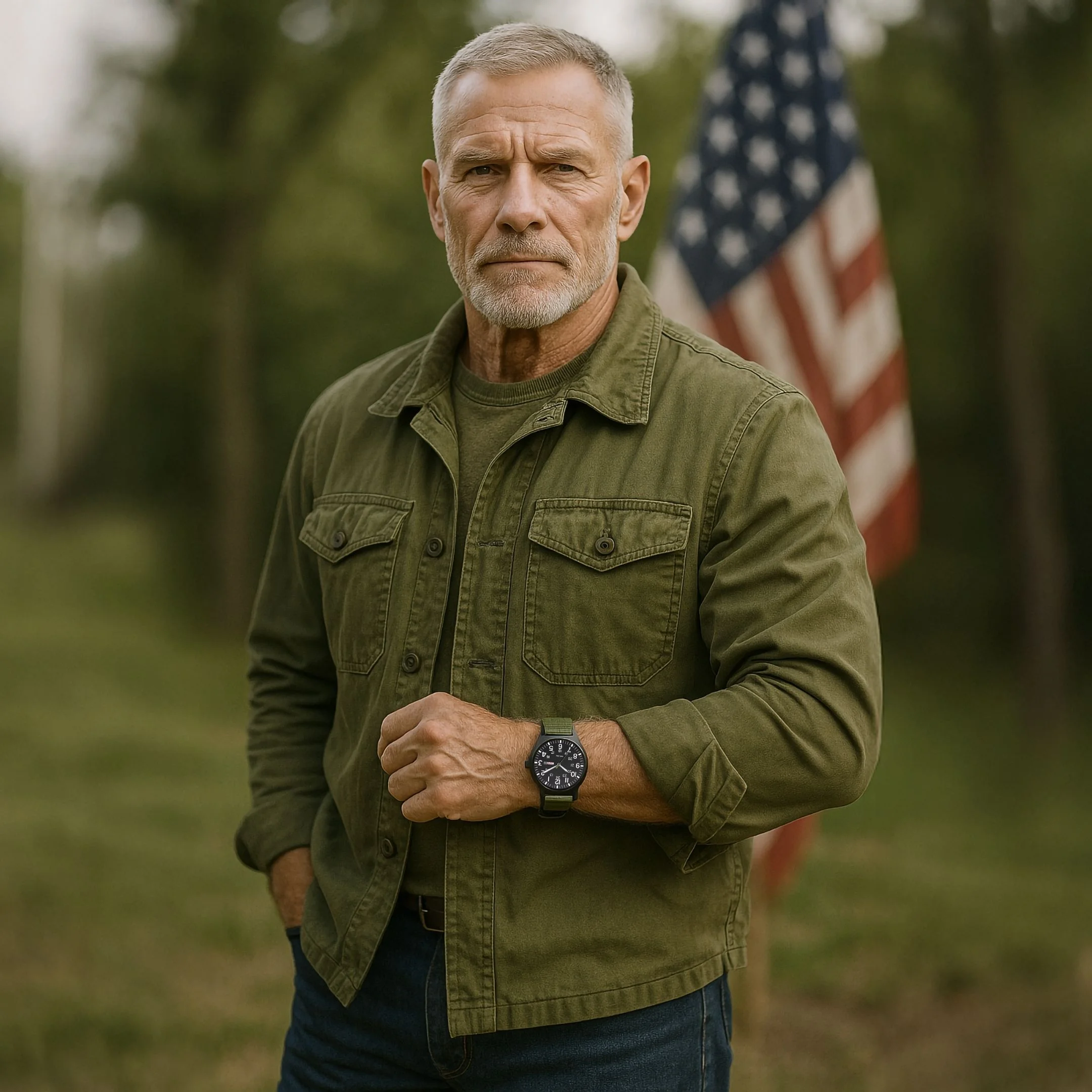 Man in green jacket standing outdoors with an American flag in the background.