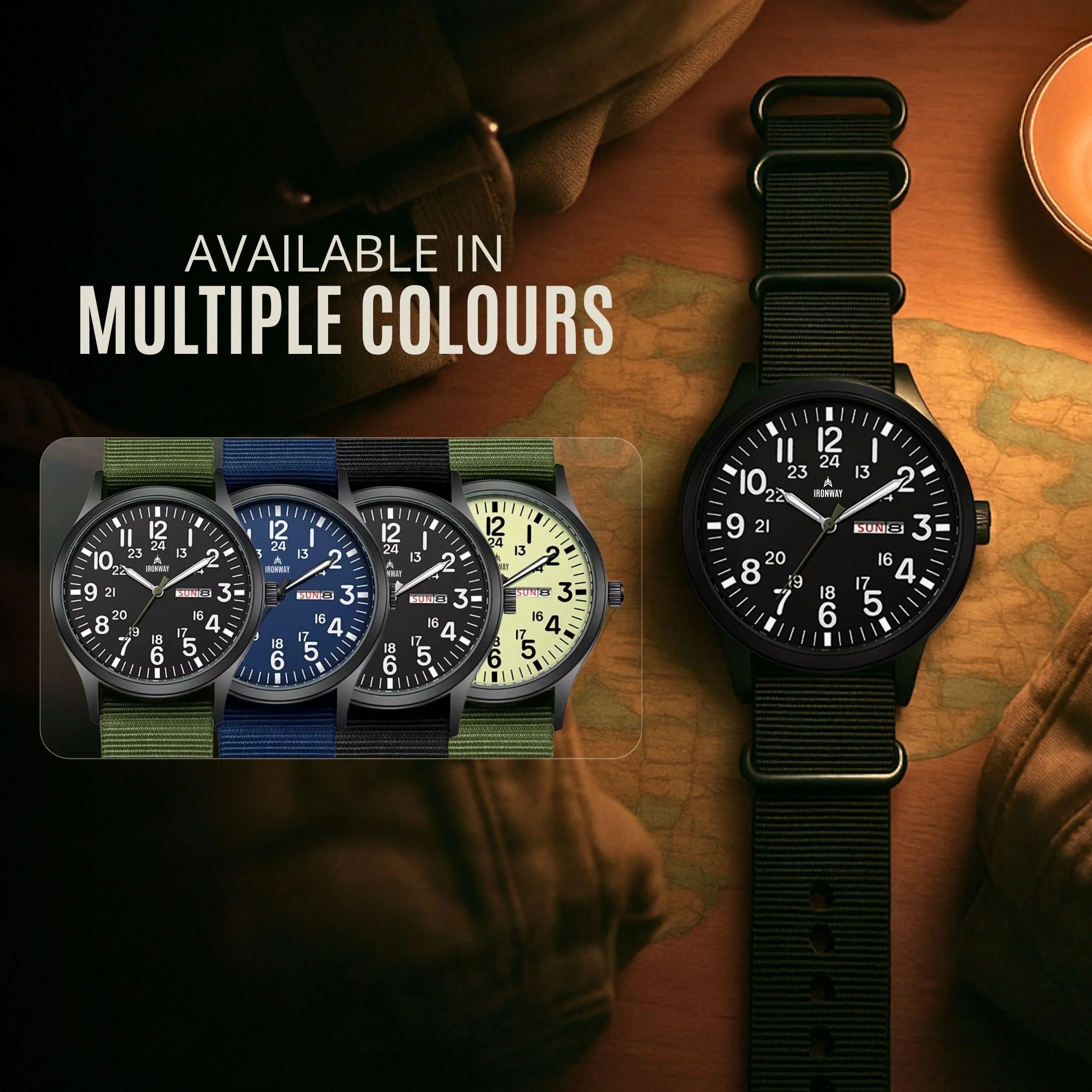 Advert for watches in various colors on a wooden surface with a map.