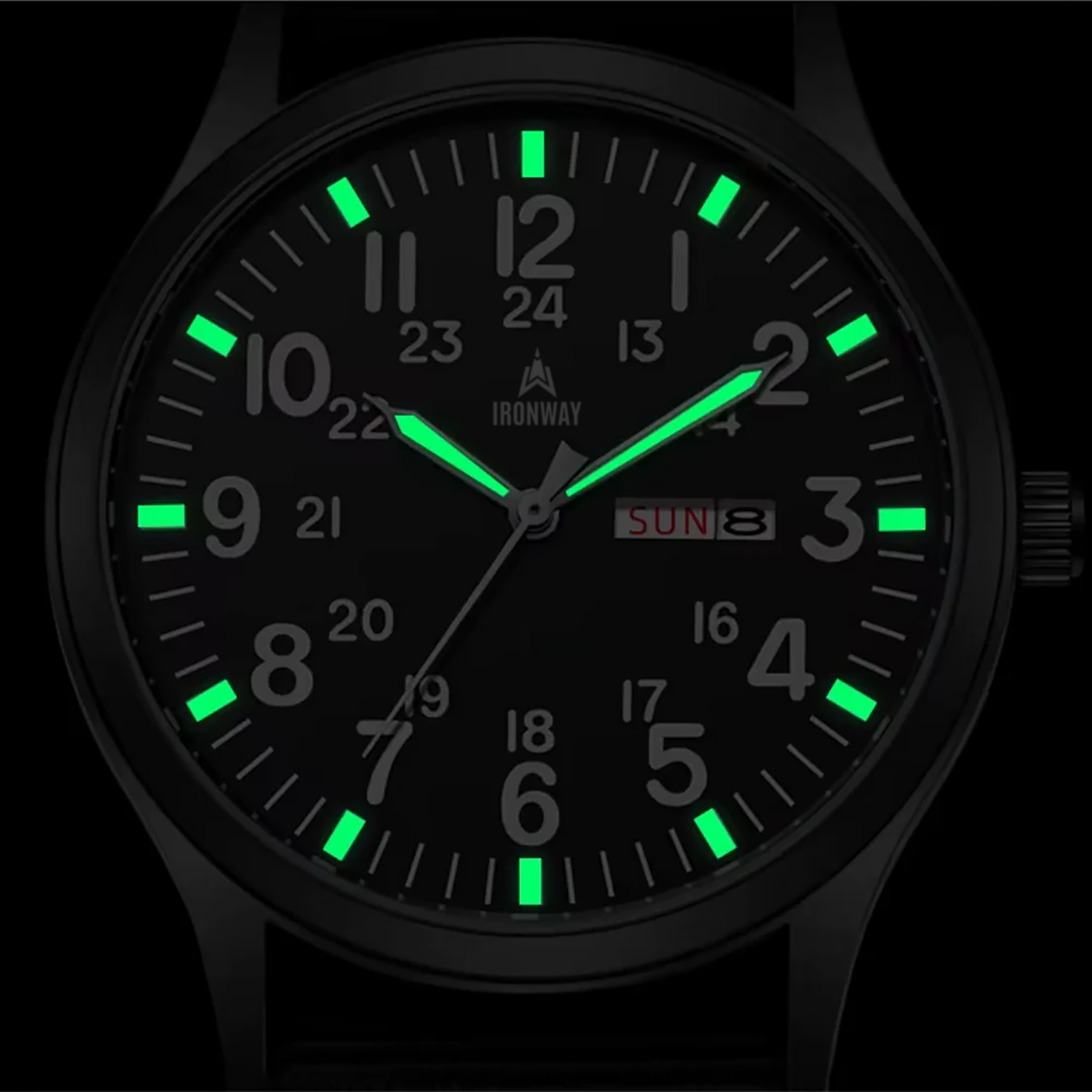 A watch face with glowing green markers and day display.