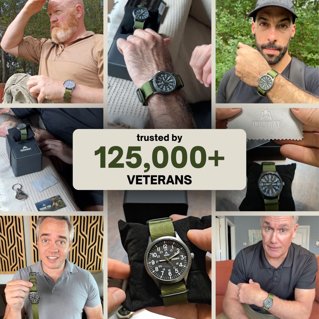 A photo collage of several men wearing the same watch, with text saying 'trusted by 125,000+ VETERANS'.